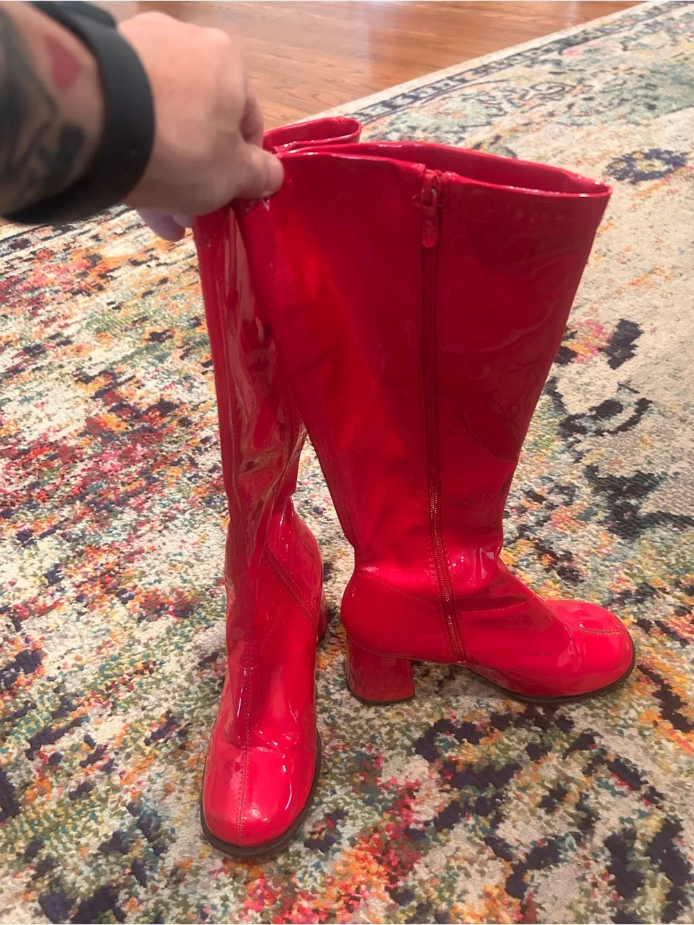 Red Patent Knee-High Block Heel Boots